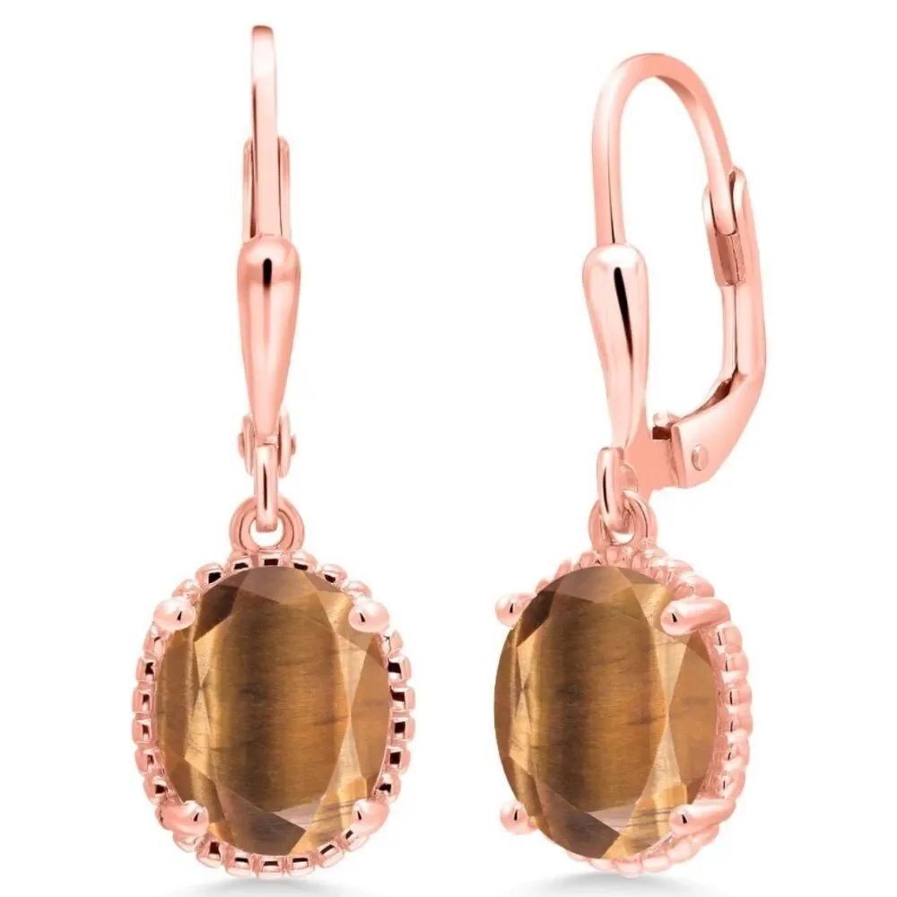 18K Rose Gold 925 with 3.00 Cttw Brown Tiger Eye Oval Leverback Hook Earrings